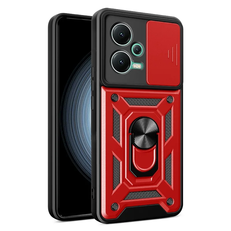 Чехол-подставка с выдвижной защитой камеры из ПК и ТПУ для Xiaomi Redmi Note 12 5G (Индия) / Poco X5 5G, красный