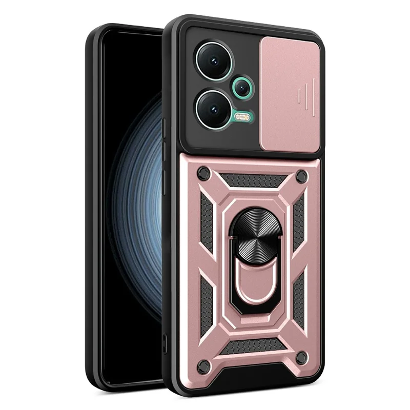 For Xiaomi Redmi Note 12 5G (India) / Poco X5 5G Kickstand PC+TPU Slide Push Pull Camera Lens Protection Cover - Rose Gold