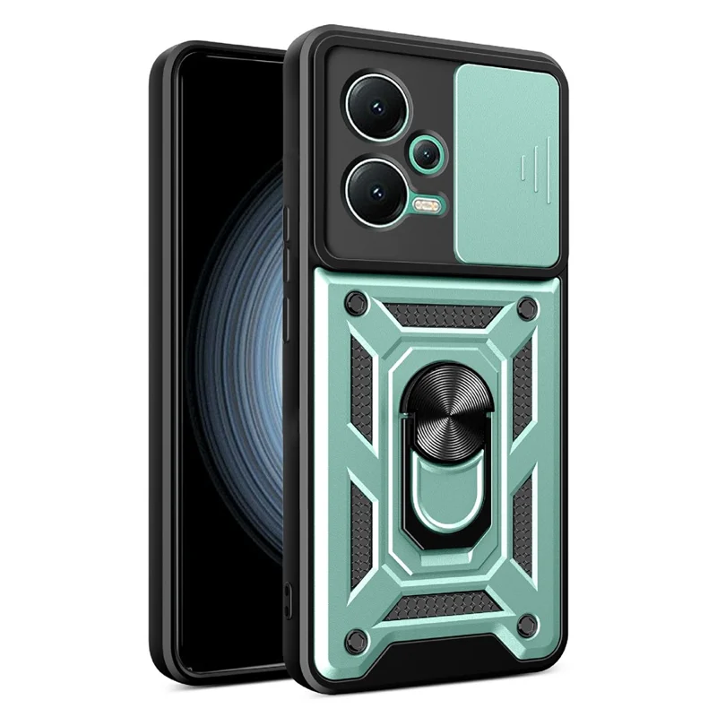 For Xiaomi Redmi Note 12 5G (India) / Poco X5 5G Kickstand PC+TPU Slide Push Pull Camera Lens Protection Cover - Green
