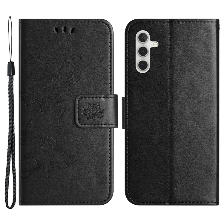 Para Samsung Galaxy A24 4G (162,1 x 77,6 x 8,3 mm) Imprinted Butterfly Flower Phone Case PU Leather Wallet Stand Phone Cover with Strap - Black