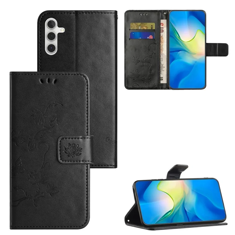 Para Samsung Galaxy A24 4G (162,1 x 77,6 x 8,3 mm) Imprinted Butterfly Flower Phone Case PU Leather Wallet Stand Phone Cover with Strap - Black