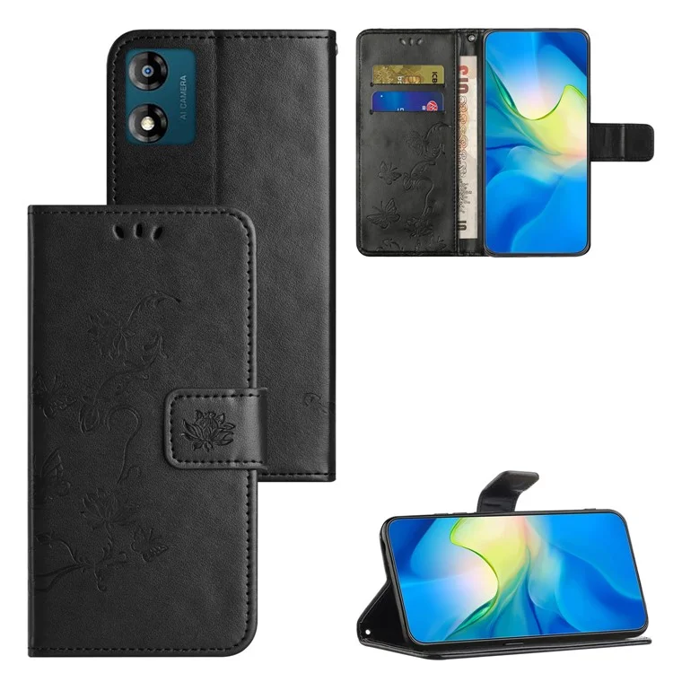 Para Motorola Moto E13 4G PU Leather Phone Case Imprinted Butterfly Flower Magnetic Holder Flip Stand Wallet Cover - Preto