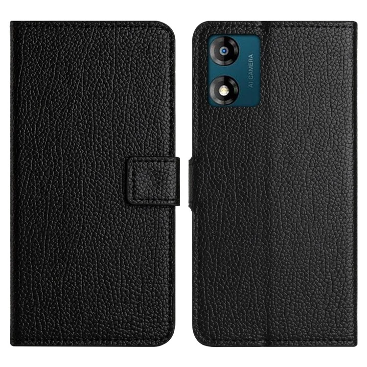 Leather Flip Cover For Motorola Moto E13 4G , Litchi Texture Phone Wallet Book Stand Phone Case - Black