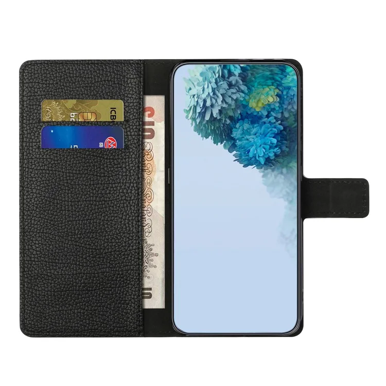 Leather Flip Cover For Motorola Moto E13 4G , Litchi Texture Phone Wallet Book Stand Phone Case - Black