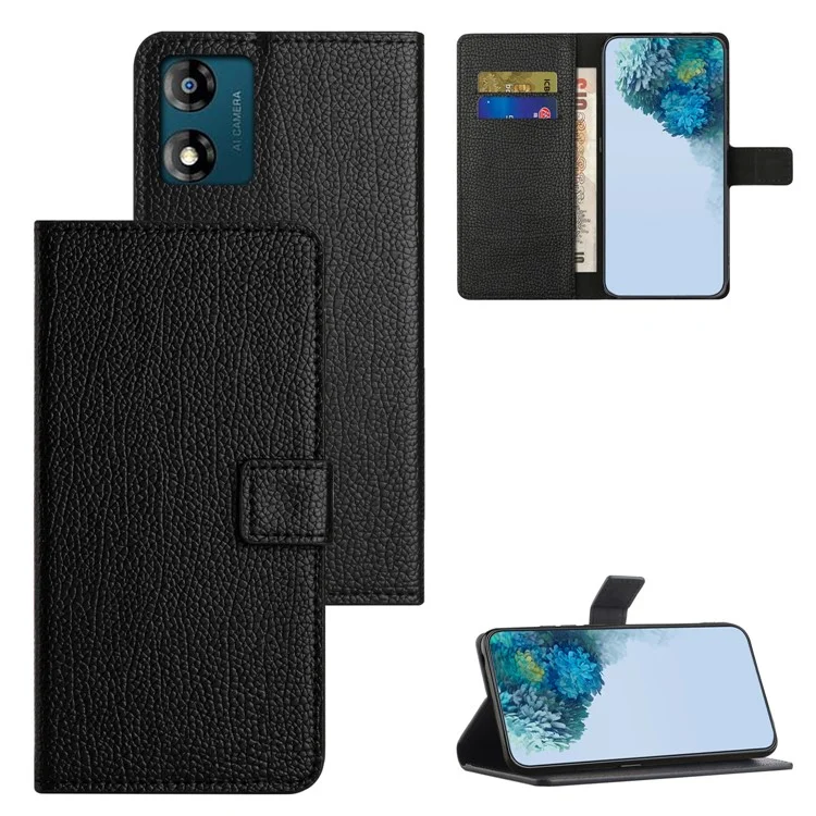 Leather Flip Cover For Motorola Moto E13 4G , Litchi Texture Phone Wallet Book Stand Phone Case - Black