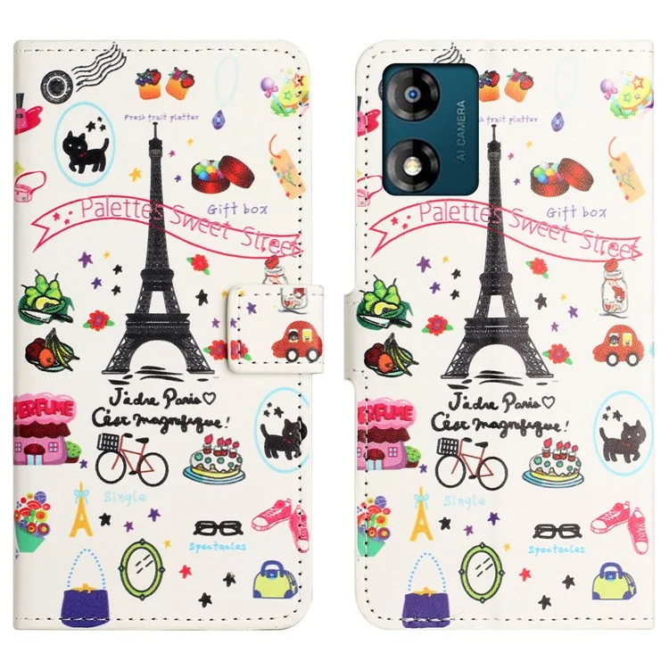 Leather Stand Phone Case For Motorola Moto E13 4G , Pattern Printing Magnetic Wallet Cover - Iron Tower