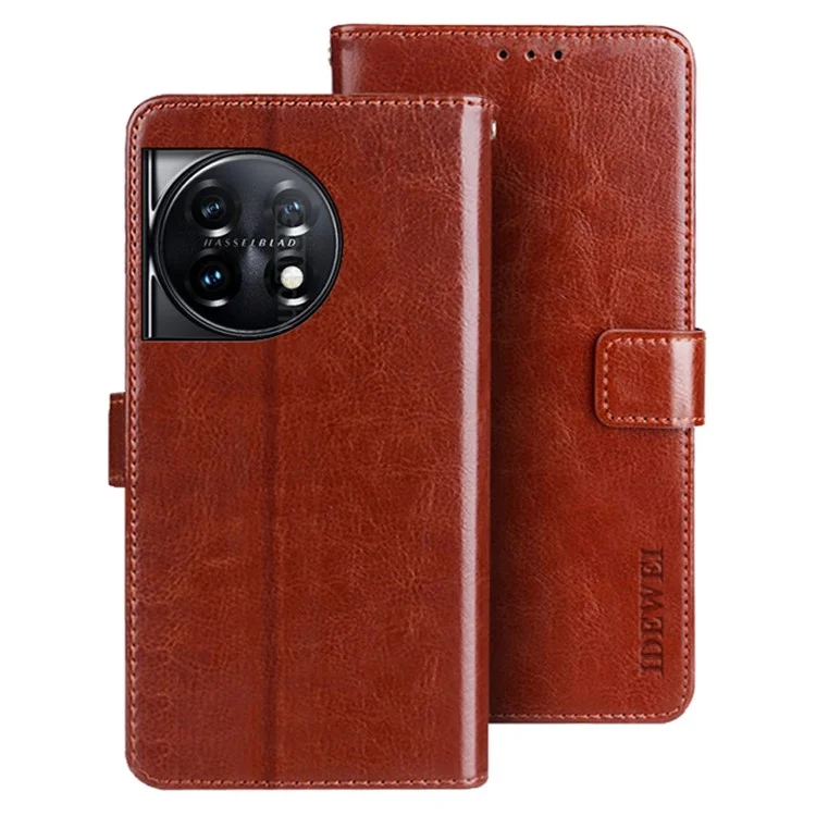 IDEWEI для OnePlus 11 5G Stand Crazy Horse Texture Wallet Cover Anti-Scratch PU Leather Phone Flip Case - Коричневый