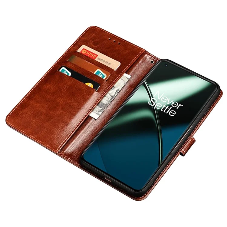 IDEWEI для OnePlus 11 5G Stand Crazy Horse Texture Wallet Cover Anti-Scratch PU Leather Phone Flip Case - Коричневый