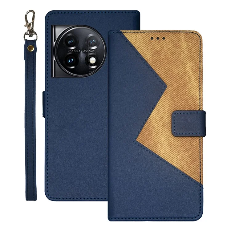 IDEWEI per OnePlus 11 5G Color Splicing Custodia Magnetica in Pelle con Slot per Schede e Cinturino da Polso - Blu