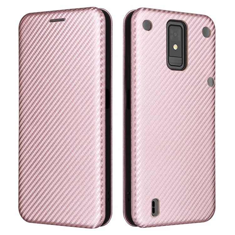 Para ZTE Blade A32 Funda de Teléfono con Ranura para Tarjeta Absorción Magnética Textura de Fibra de Carbono Cuero PU Soporte Flip Cover - Oro Rosa