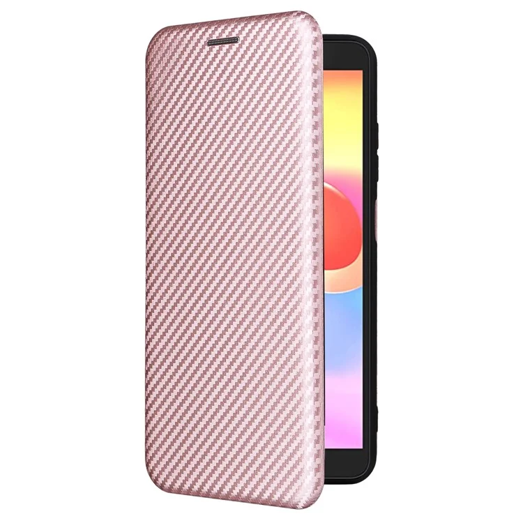 Para ZTE Blade A32 Funda de Teléfono con Ranura para Tarjeta Absorción Magnética Textura de Fibra de Carbono Cuero PU Soporte Flip Cover - Oro Rosa