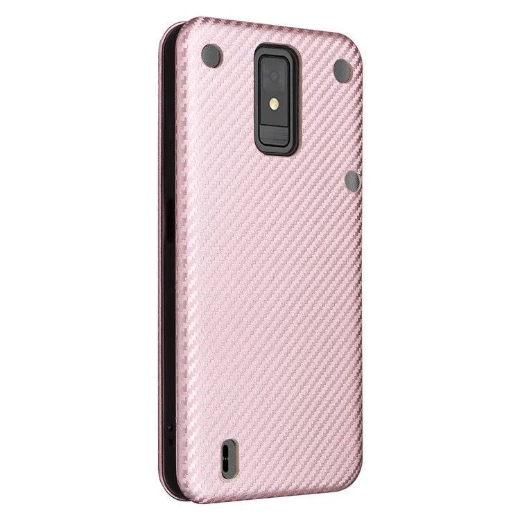 Para ZTE Blade A32 Funda de Teléfono con Ranura para Tarjeta Absorción Magnética Textura de Fibra de Carbono Cuero PU Soporte Flip Cover - Oro Rosa