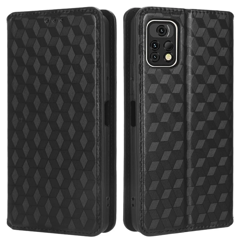 For Umidigi A13 Pro Cell Phone Case Imprinted Rhombus Pattern PU Leather Wallet Anti-Dust Stand Cover - Black