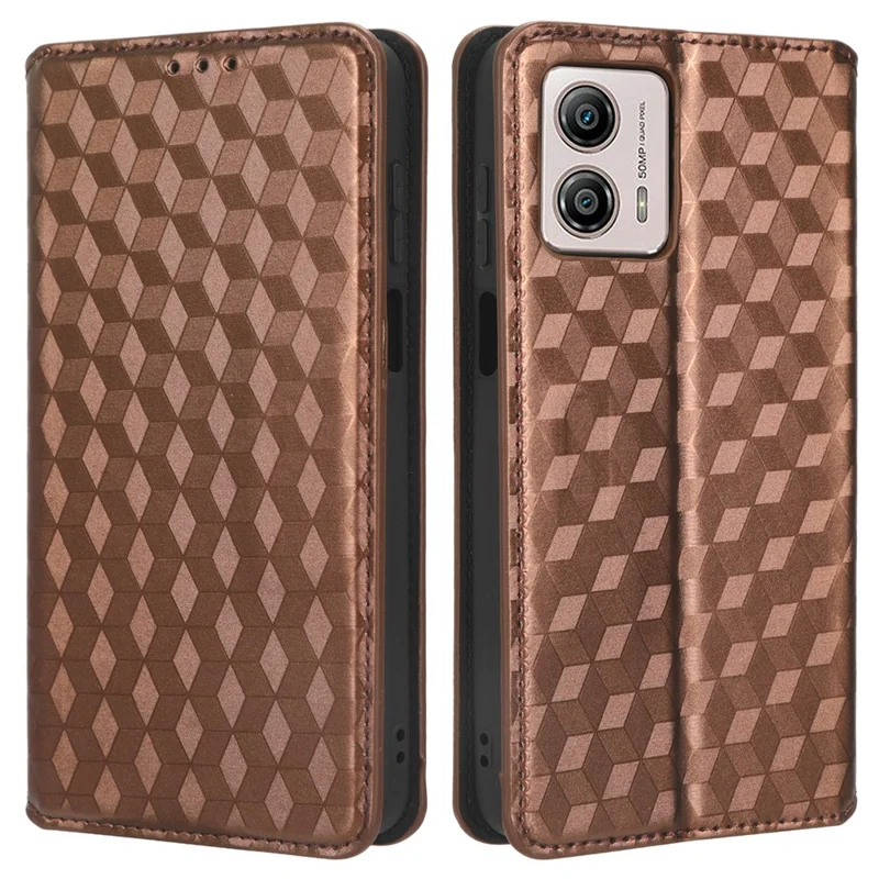 For Motorola Moto G73 5G Imprinted Rhombus Phone Case Pattern PU Leather Wallet Stand Cover - Brown