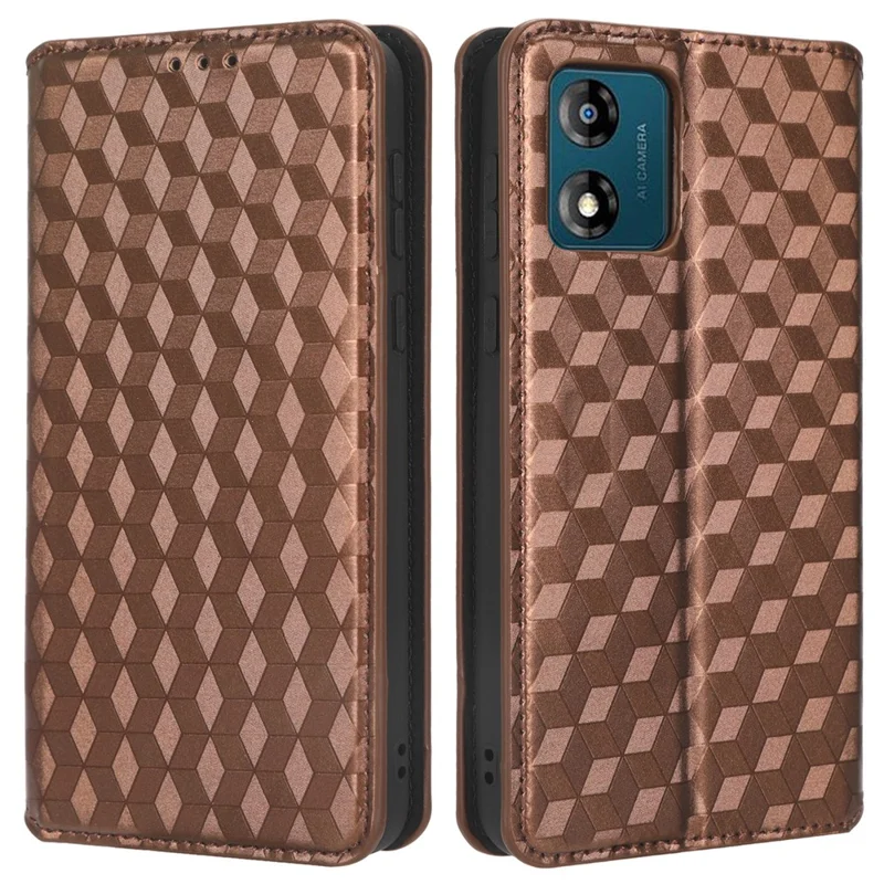 For Motorola Moto E13 4G Shockproof Phone Case Imprinted Rhombus Pattern PU Leather Wallet Stand Cover - Brown