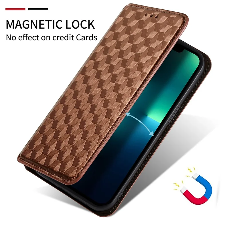 For Motorola Moto E13 4G Shockproof Phone Case Imprinted Rhombus Pattern PU Leather Wallet Stand Cover - Brown