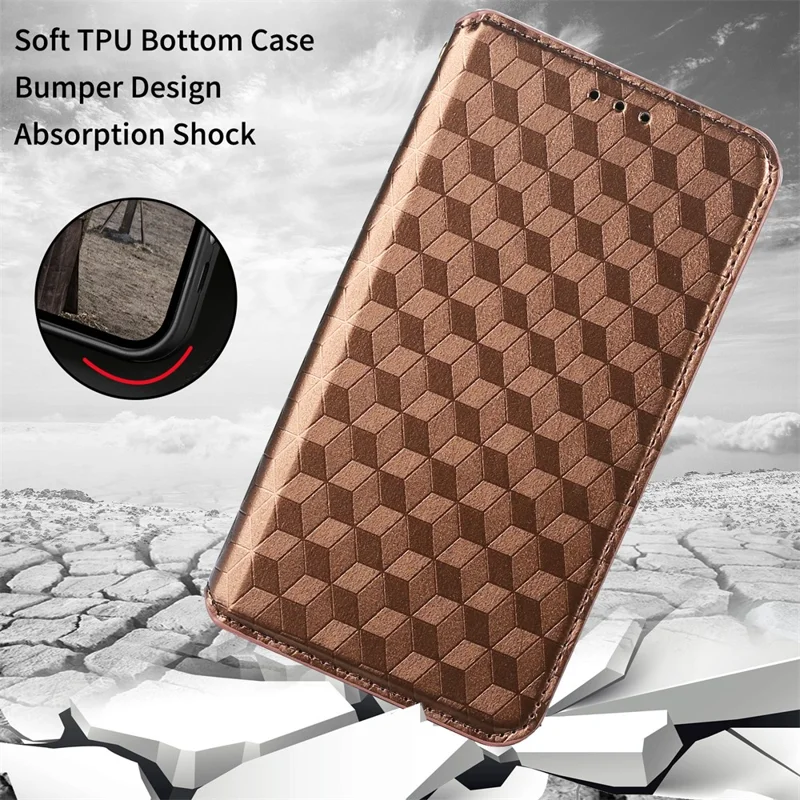 For Motorola Moto E13 4G Shockproof Phone Case Imprinted Rhombus Pattern PU Leather Wallet Stand Cover - Brown