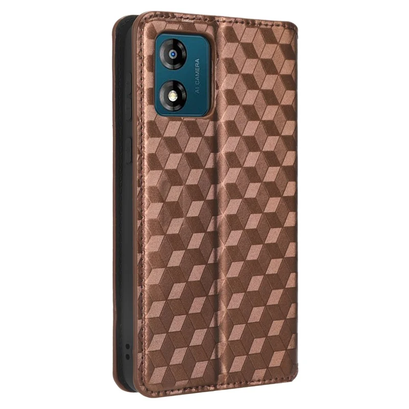 For Motorola Moto E13 4G Shockproof Phone Case Imprinted Rhombus Pattern PU Leather Wallet Stand Cover - Brown