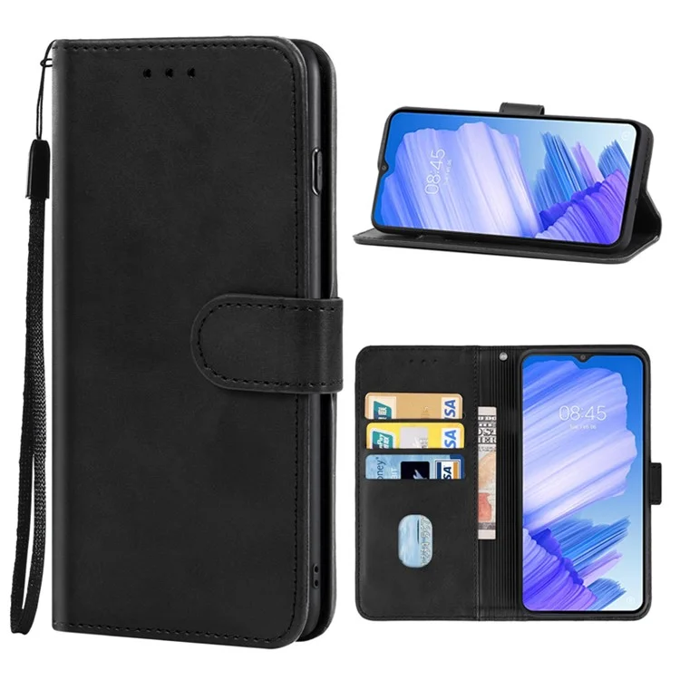 For TECNO Pop 5 LTE 4G Phone Leather Case Calf Texture Wallet Stand Cell Phone Cover with Strap - Black