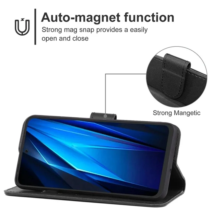 For TECNO Pop 5 LTE 4G Phone Leather Case Calf Texture Wallet Stand Cell Phone Cover with Strap - Black