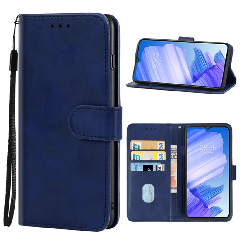 For TECNO Pop 5 LTE 4G Phone Leather Case Calf Texture Wallet Stand Cell Phone Cover with Strap - Blue