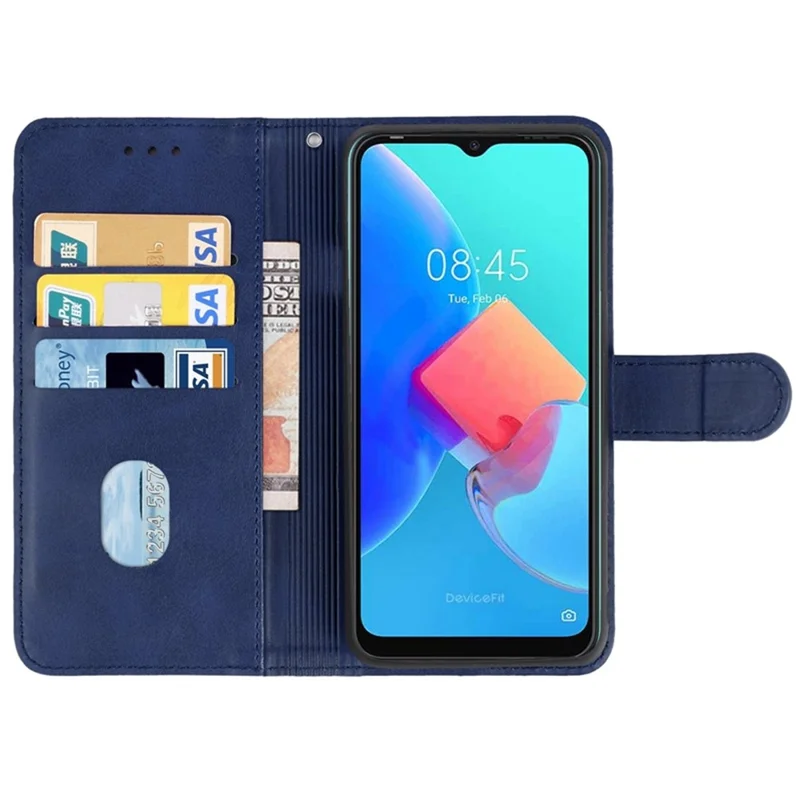 For TECNO Pop 5 LTE 4G Phone Leather Case Calf Texture Wallet Stand Cell Phone Cover with Strap - Blue