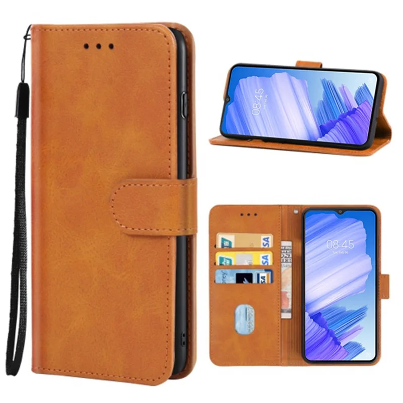 For TECNO Pop 5 LTE 4G Phone Leather Case Calf Texture Wallet Stand Cell Phone Cover with Strap - Brown