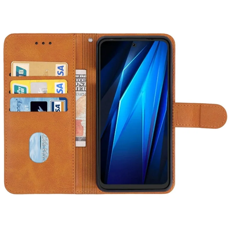 For TECNO Pop 5 LTE 4G Phone Leather Case Calf Texture Wallet Stand Cell Phone Cover with Strap - Brown