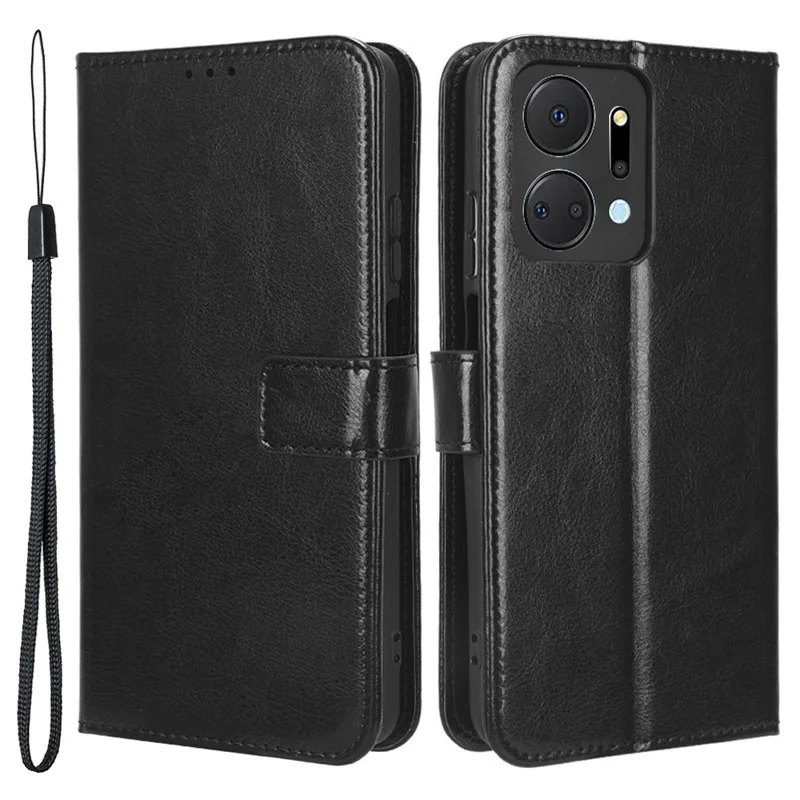 PU Leather Phone Wallet Case for Honor X7a 5G / Play7T 5G Crazy Horse Texture Stand Mobile Phone Cover - Black