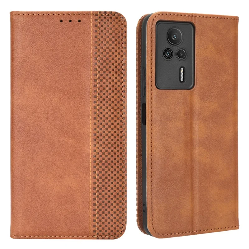 Para Xiaomi Redmi K60E 5G Vintage Funda de Cuero PU Billetera de Pie Funda de Teléfono Cierre Magnético a Prueba de Golpes - Marrón