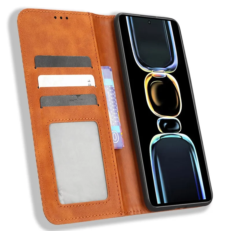 Para Xiaomi Redmi K60E 5G Vintage Funda de Cuero PU Billetera de Pie Funda de Teléfono Cierre Magnético a Prueba de Golpes - Marrón