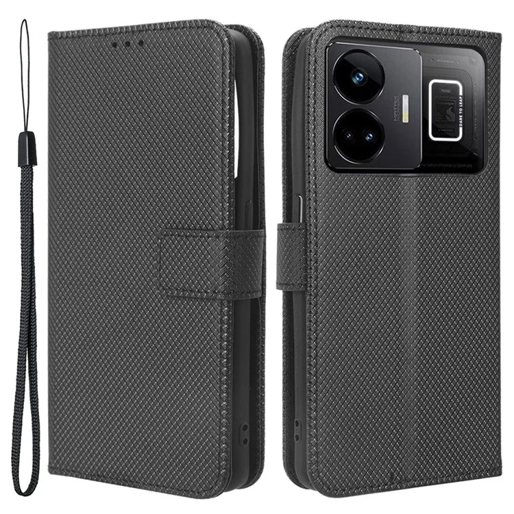 Чехол-бумажник для Realme GT Neo 5 5G / Neo 5 240W 5G / Realme GT3 5G с алмазной текстурой и подставкой - Черный