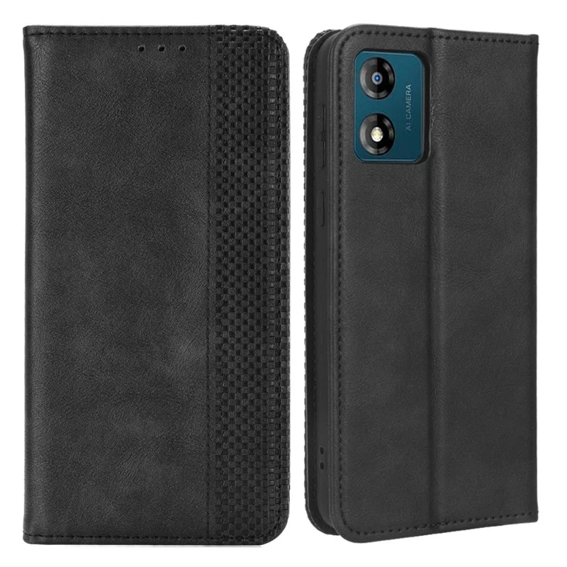 Para Motorola Moto E13 4G PU Leather Vintage Phone Case Folio Wallet Stand Magnetic Shockproof Cover - Black