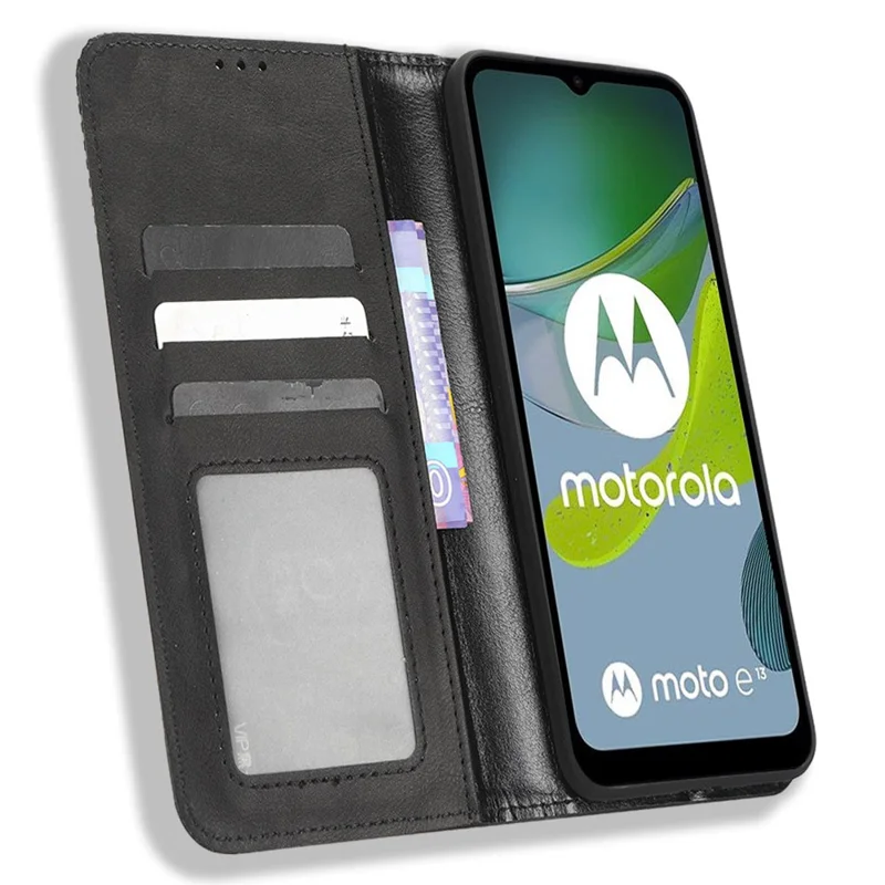 Para Motorola Moto E13 4G PU Leather Vintage Phone Case Folio Wallet Stand Magnetic Shockproof Cover - Black