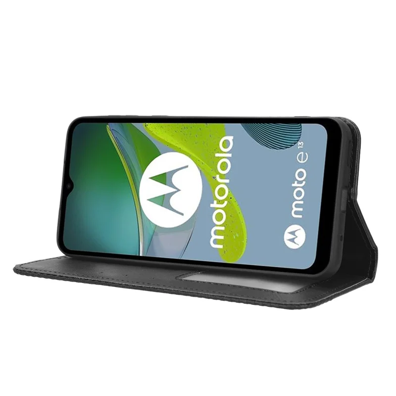 Para Motorola Moto E13 4G PU Leather Vintage Phone Case Folio Wallet Stand Magnetic Shockproof Cover - Black