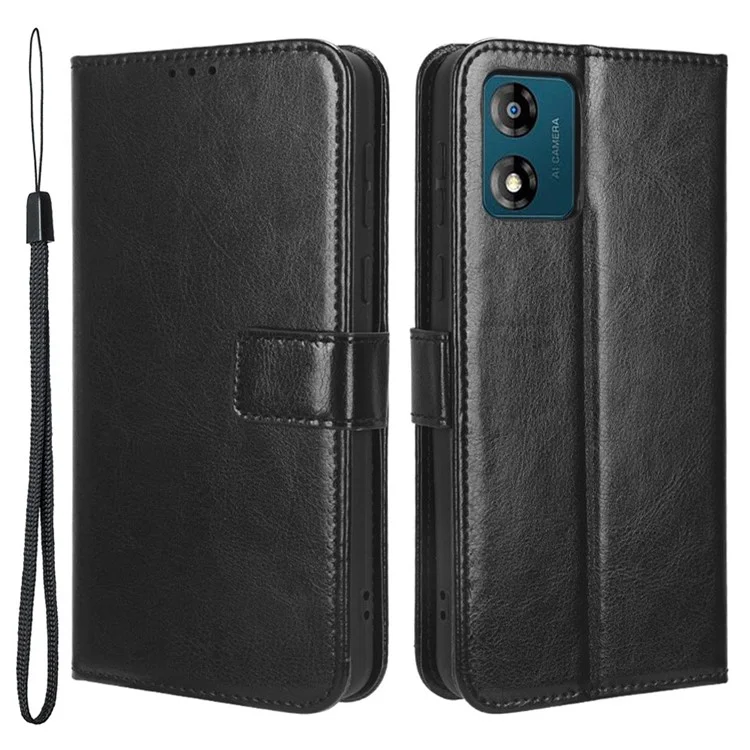 Pour Motorola Moto E13 4G Phone Stand Case PU Leather Crazy Horse Texture Wallet Phone Cover - Noir