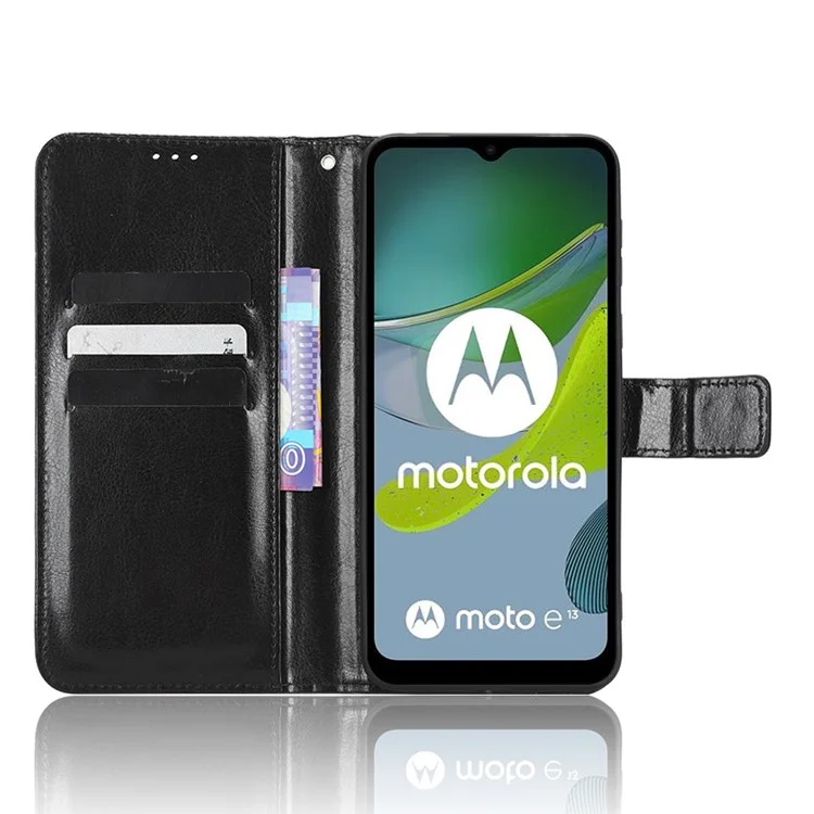 Pour Motorola Moto E13 4G Phone Stand Case PU Leather Crazy Horse Texture Wallet Phone Cover - Noir