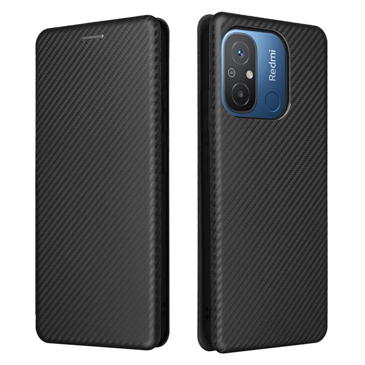 For Xiaomi Redmi 12C 4G Phone Case Card Holder Magnetic Auto-absorbed Carbon Fiber Texture Flip Leather Cover Stand - Black