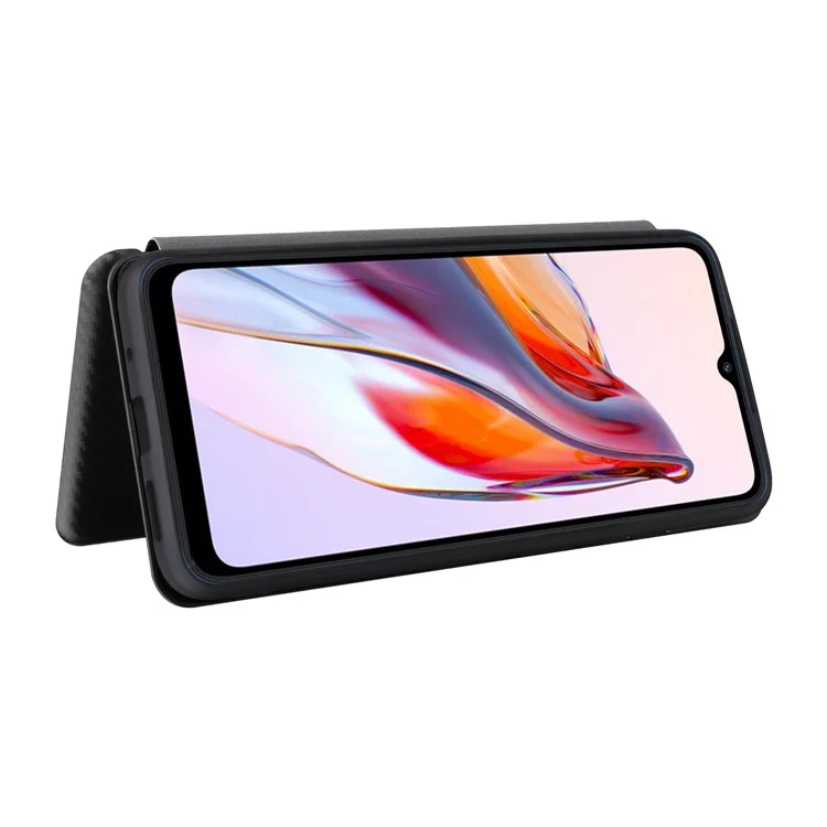 For Xiaomi Redmi 12C 4G Phone Case Card Holder Magnetic Auto-absorbed Carbon Fiber Texture Flip Leather Cover Stand - Black