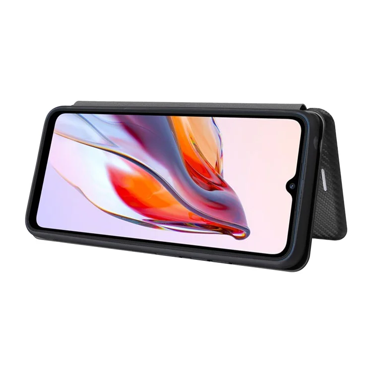 For Xiaomi Redmi 12C 4G Phone Case Card Holder Magnetic Auto-absorbed Carbon Fiber Texture Flip Leather Cover Stand - Black
