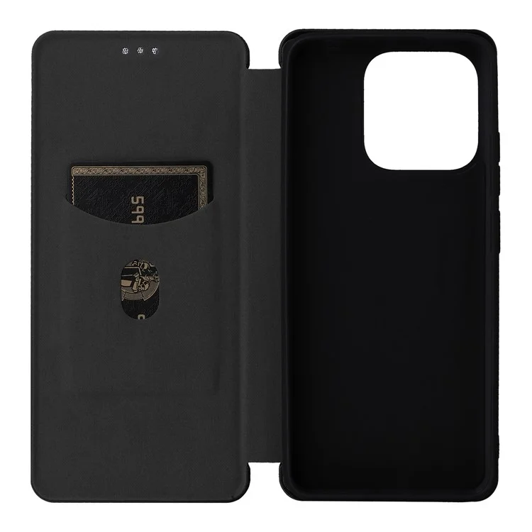 For Xiaomi Redmi 12C 4G Phone Case Card Holder Magnetic Auto-absorbed Carbon Fiber Texture Flip Leather Cover Stand - Black