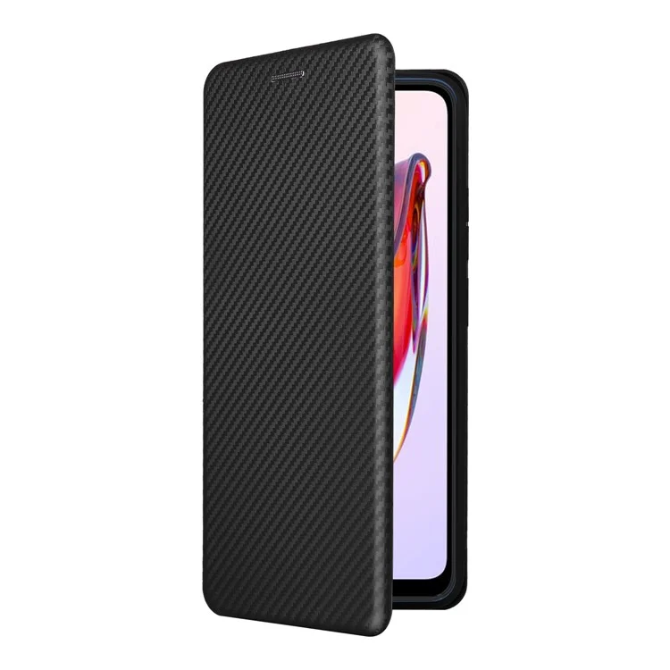 For Xiaomi Redmi 12C 4G Phone Case Card Holder Magnetic Auto-absorbed Carbon Fiber Texture Flip Leather Cover Stand - Black