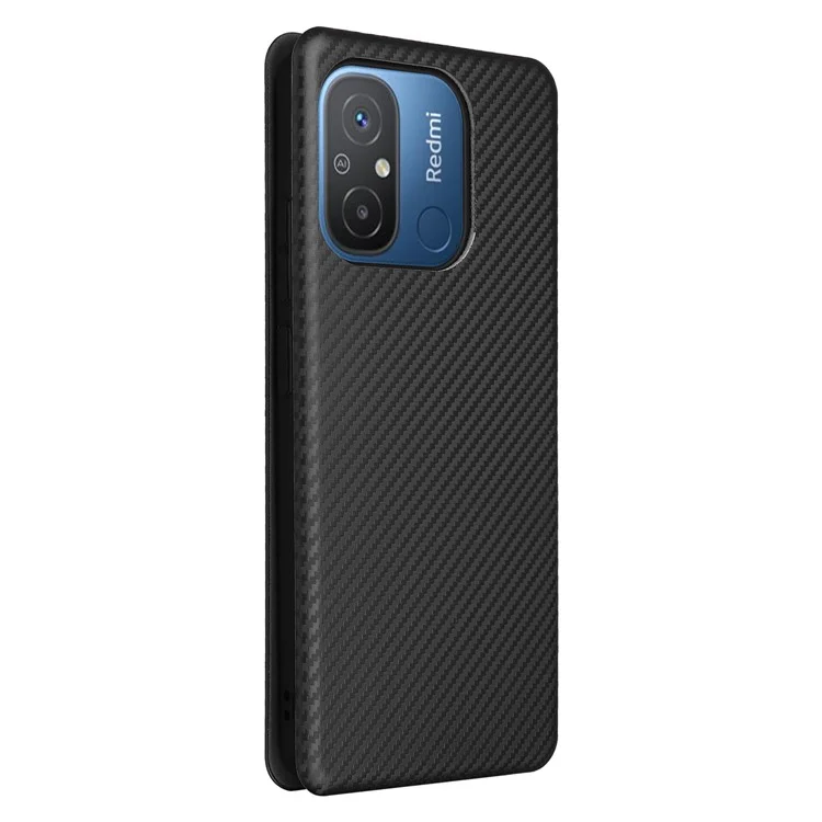 For Xiaomi Redmi 12C 4G Phone Case Card Holder Magnetic Auto-absorbed Carbon Fiber Texture Flip Leather Cover Stand - Black