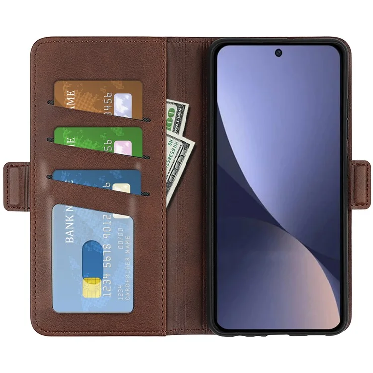 For Xiaomi 13 5G Drop-proof Calf Texture PU Leather Smartphone Case Wallet Stand Cell Phone Cover - Brown