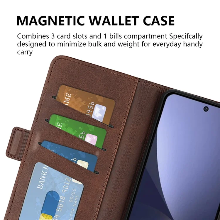 For Xiaomi 13 5G Drop-proof Calf Texture PU Leather Smartphone Case Wallet Stand Cell Phone Cover - Brown