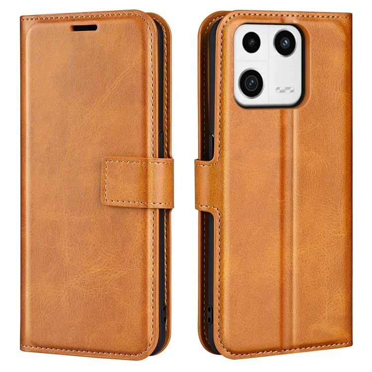 PU Leather Mobile Phone Case For Xiaomi 13 5G Stand Wallet Calf Texture Full Protection Flip Phone Cover - Yellow