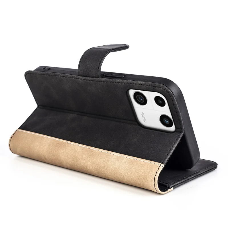 Protective Phone Case For Xiaomi 13 5G , Dual Color Splicing Flip Leather Wallet Stand Phone Cover - Black