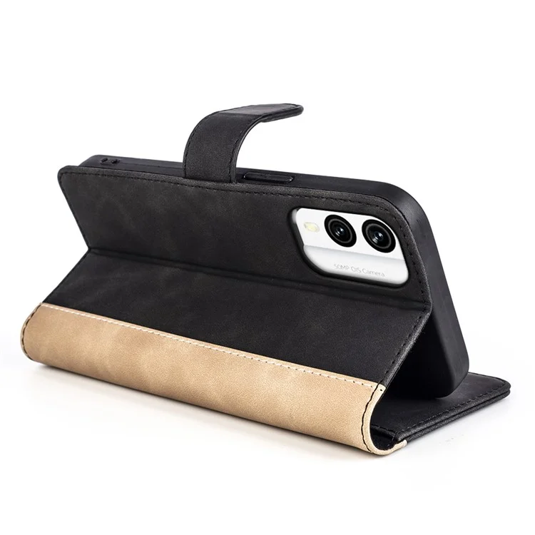 For Nokia X30 5G Dual Color Splicing Drop-proof PU Leather Phone Cover with Wallet Stand - Black