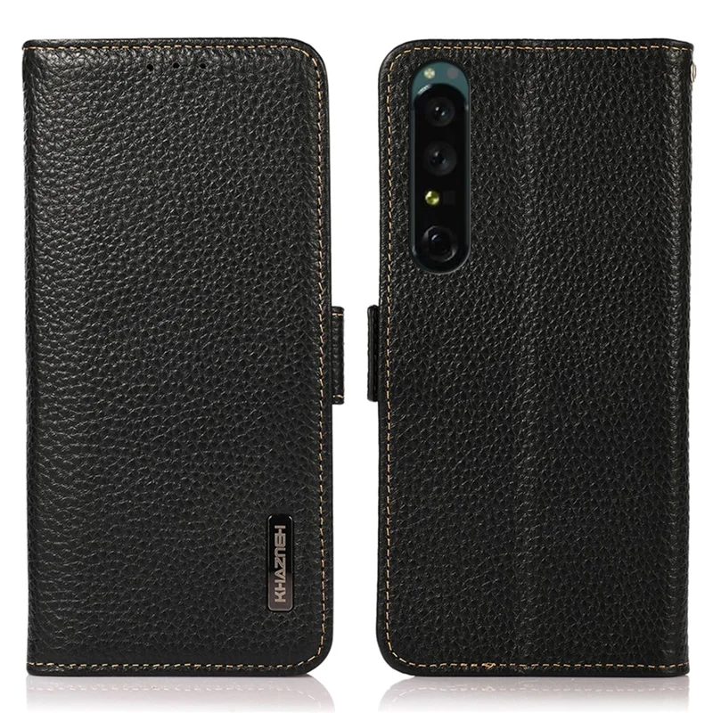 KHAZNEH For Sony Xperia 1 V Genuine Leather Phone Case RFID Blocking Anti-scratch Flip Cover Stand Wallet - Black