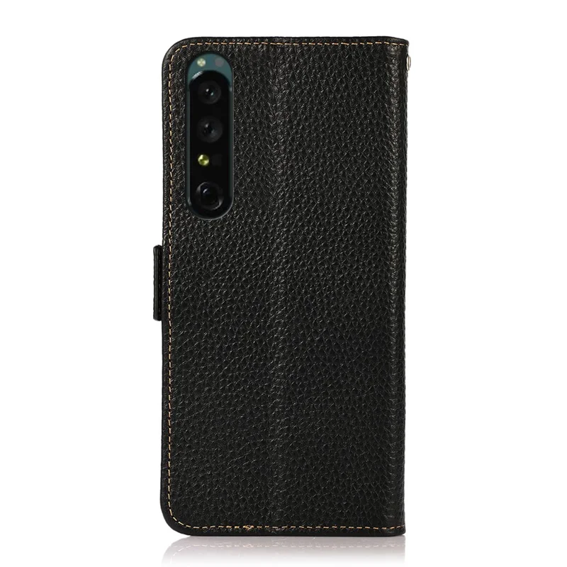 KHAZNEH For Sony Xperia 1 V Genuine Leather Phone Case RFID Blocking Anti-scratch Flip Cover Stand Wallet - Black